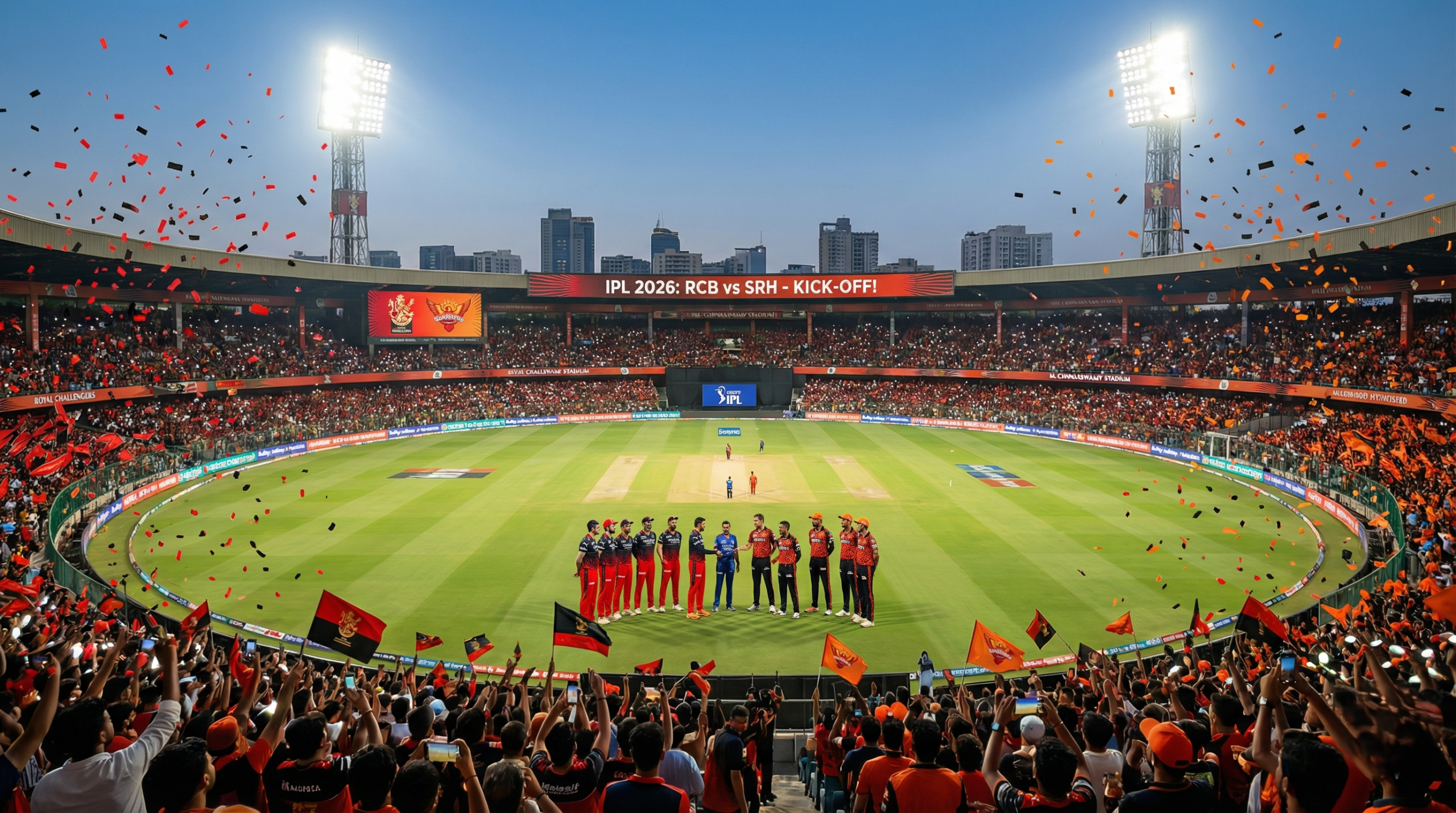 Landscape photograph of the M. Chinnaswamy Stadium in Bengaluru at night, fully lit with floodlights for the IPL 2026 opening match. Royal Challengers Bengaluru (red) and Sunrisers Hyderabad (orange) players are gathered on the pitch. A large stadium screen reads "IPL 2026: RCB vs SRH - KICK-OFF!". The stadium is packed with cheering fans, and confetti is falling.