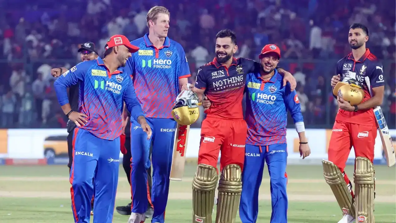 Royal Challengers Bengaluru players celebrate a dominant 9-wicket win over Delhi Capitals in IPL 2026 Match 39.