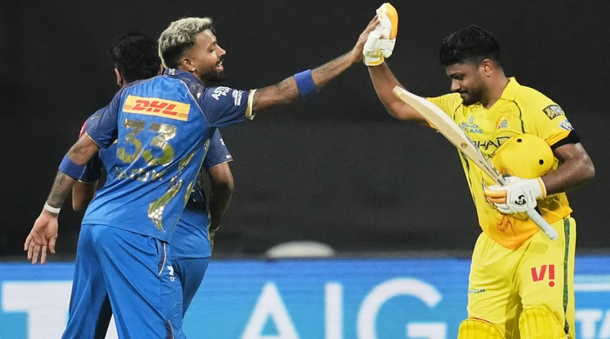 Sanju Samson celebrates his century while Akeal Hosein shines with 4/17 as Chennai Super Kings dominate Mumbai Indians in IPL 2026.