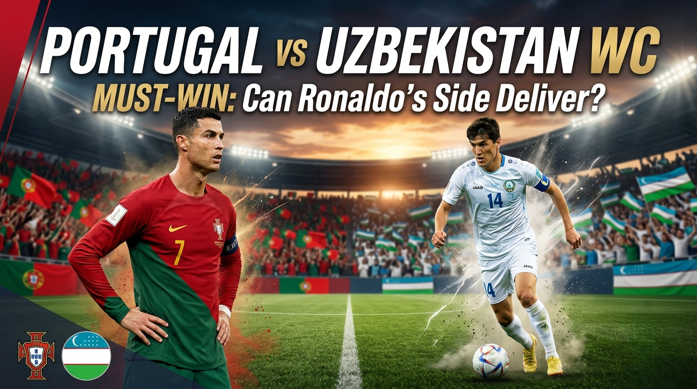 A dynamic World Cup pre-match banner for Portugal vs Uzbekistan featuring Cristiano Ronaldo in his red and green Portugal kit and Eldor Shomurodov in a white Uzbekistan kit on a stadium football pitch.