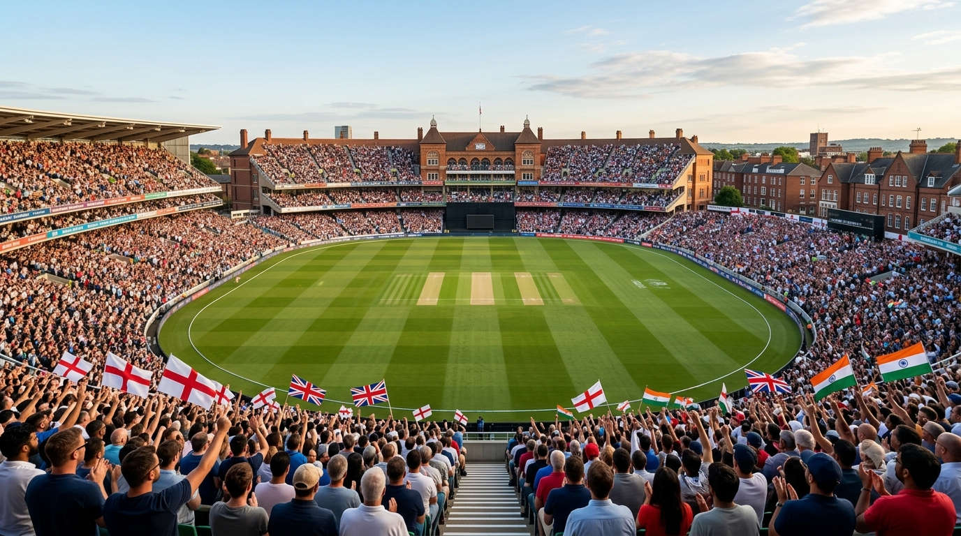 A packed Trent Bridge cricket stadium during an England vs India T20 match, showing a vibrant crowd waving English and Indian flags from the stands looking down at the pitch.
