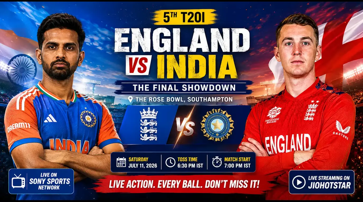 Get the latest England vs India 5th T20I 2026 preview, probable playing XI, pitch report, match prediction, live streaming details, injury updates, and key player battles from The Rose Bowl, Southampton.