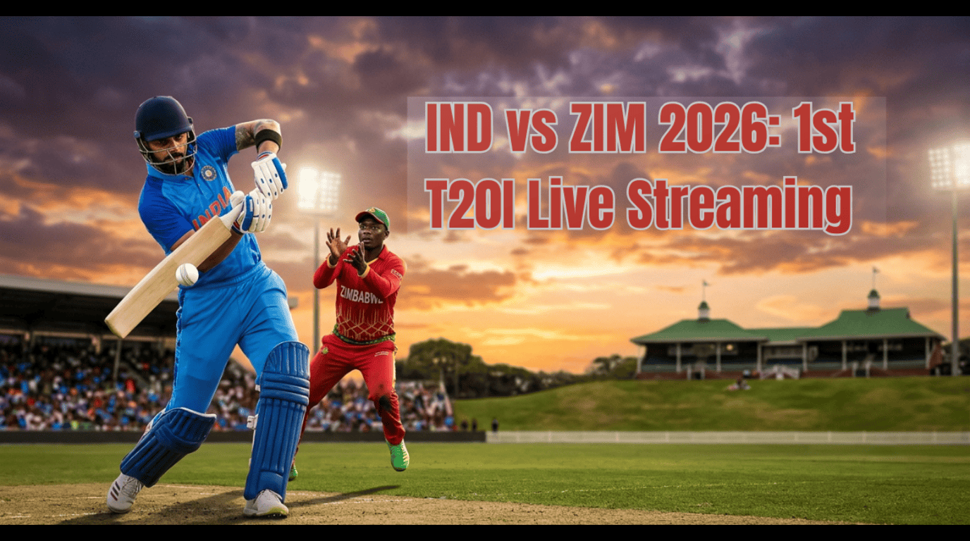 Hero banner for IND vs ZIM 2026 featuring Indian batsman and Zimbabwean bowler in action at Harare Sports Club with live streaming details.