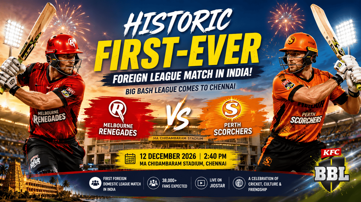 Historic Big Bash League match in India featuring Melbourne Renegades vs Perth Scorchers at MA Chidambaram Stadium in Chennai on December 12, 2026.