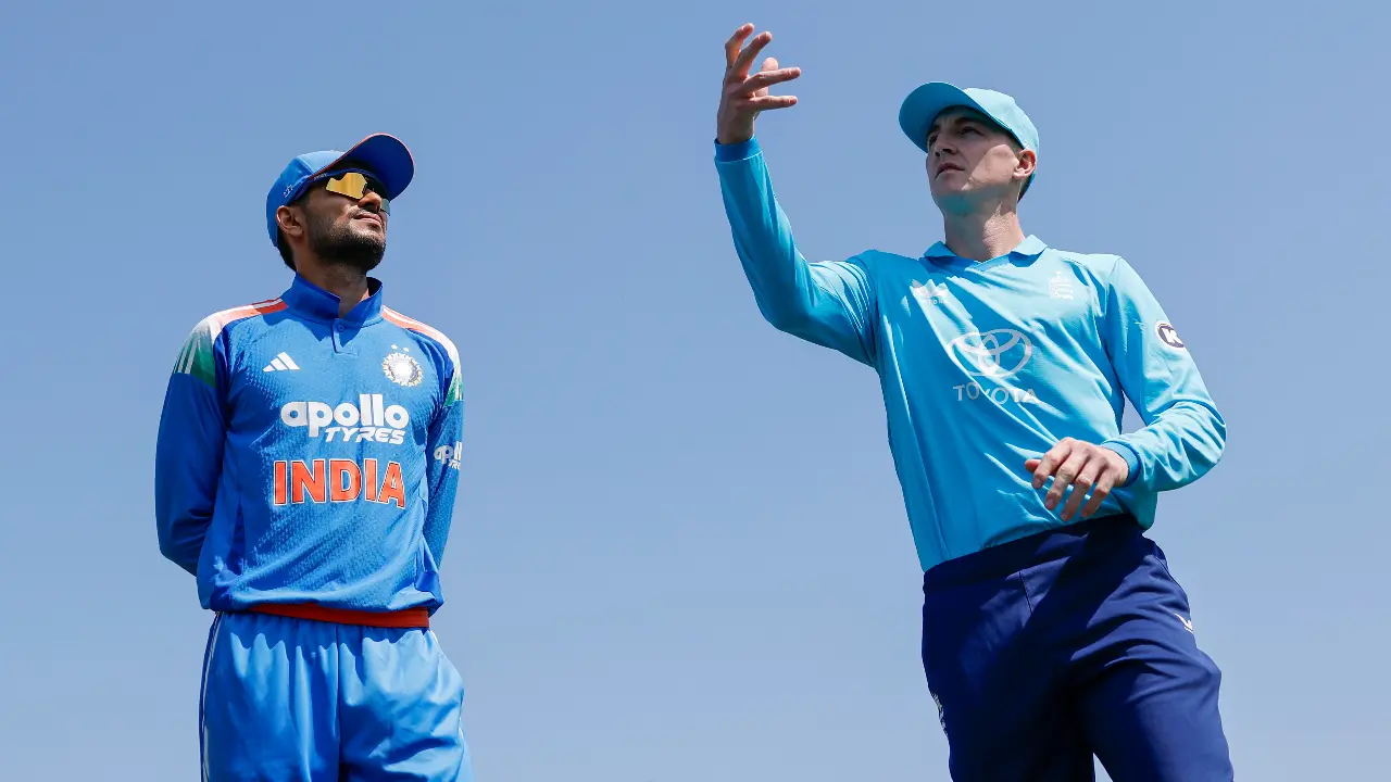 India vs England 2nd ODI highlights banner featuring a dramatic cricket stadium scene with Indian and England players, showcasing a thrilling match where England won by four wickets and Joe Root starred with an unbeaten 99.