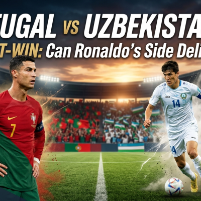 A dynamic World Cup pre-match banner for Portugal vs Uzbekistan featuring Cristiano Ronaldo in his red and green Portugal kit and Eldor Shomurodov in a white Uzbekistan kit on a stadium football pitch.