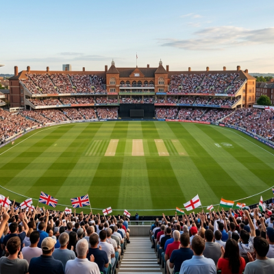 A packed Trent Bridge cricket stadium during an England vs India T20 match, showing a vibrant crowd waving English and Indian flags from the stands looking down at the pitch.