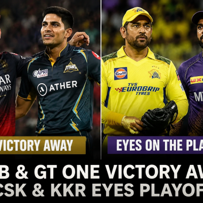 Royal Challengers Bengaluru, Gujarat Titans, Chennai Super Kings, and Kolkata Knight Riders battle for IPL 2026 playoff qualification.