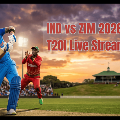 Hero banner for IND vs ZIM 2026 featuring Indian batsman and Zimbabwean bowler in action at Harare Sports Club with live streaming details.