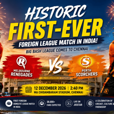 Historic Big Bash League match in India featuring Melbourne Renegades vs Perth Scorchers at MA Chidambaram Stadium in Chennai on December 12, 2026.