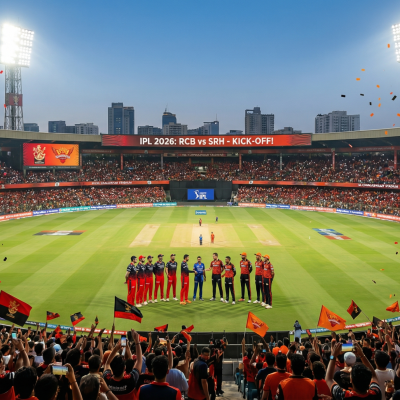 Landscape photograph of the M. Chinnaswamy Stadium in Bengaluru at night, fully lit with floodlights for the IPL 2026 opening match. Royal Challengers Bengaluru (red) and Sunrisers Hyderabad (orange) players are gathered on the pitch. A large stadium screen reads "IPL 2026: RCB vs SRH - KICK-OFF!". The stadium is packed with cheering fans, and confetti is falling.
